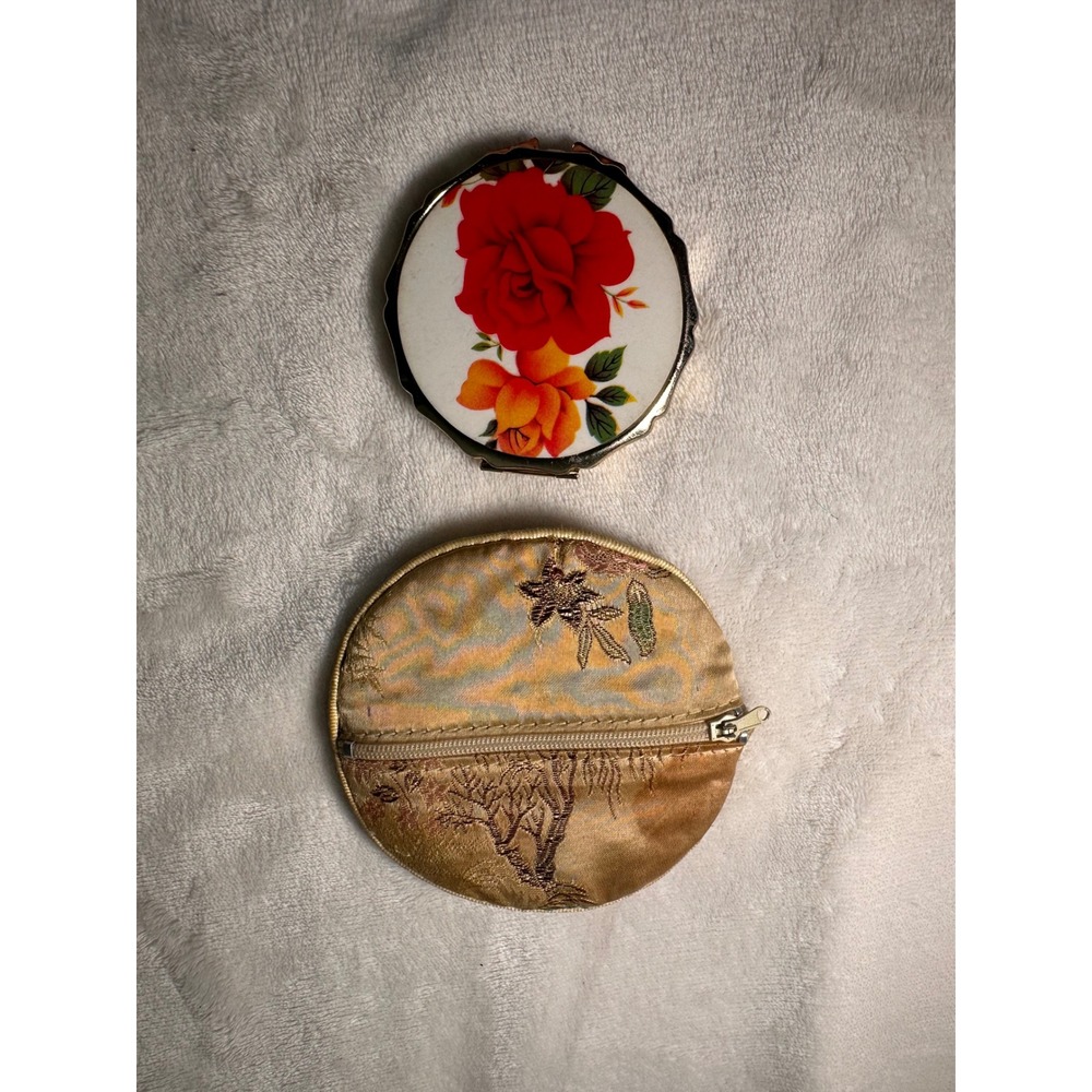 Vintage Made in Japan Rose Floral Powder Compact with Gold Brocade Zipper Case